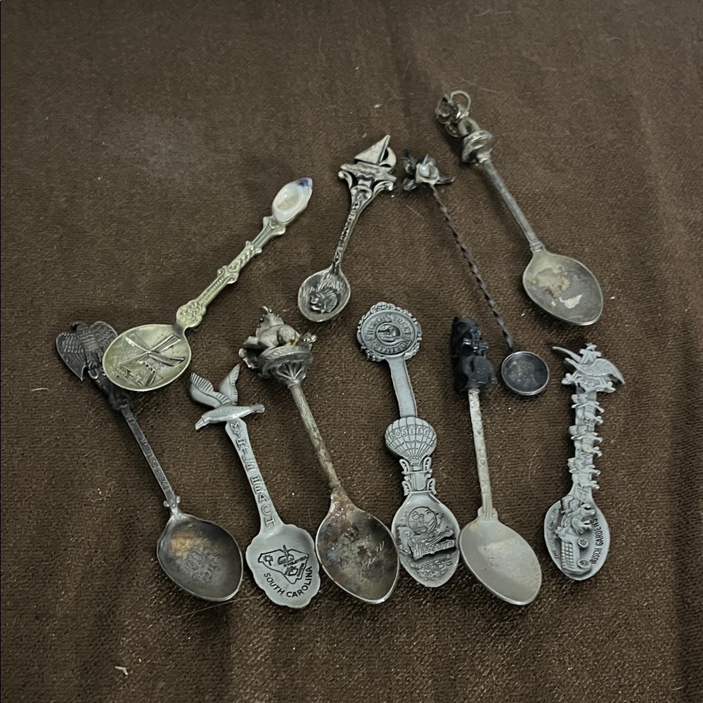😄Collectors spoons pewter silver eagle beaver totem vintage patina 10 bundle